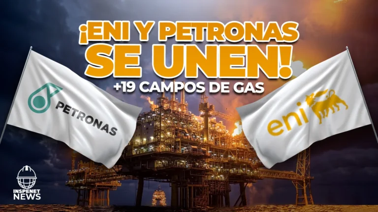 Imagen informativa de Inspenet News sobre la unión de Eni y Petronas para desarrollar más de 19 campos de gas.