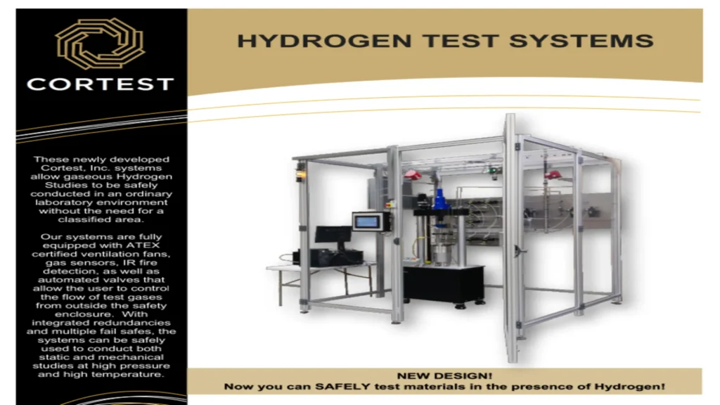 Cortest hydrogen materials testing system with safety enclosure and external control, designed to perform mechanical and corrosion tests in the presence of hydrogen at high pressure and temperature.