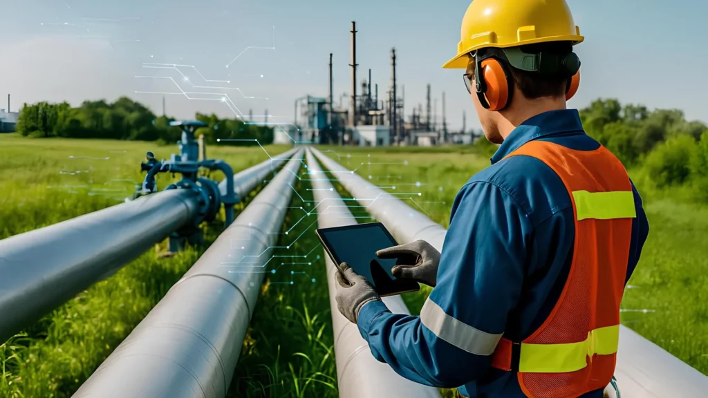 Technician overseeing midstream pipelines with tablet and digital monitoring system in industrial setting