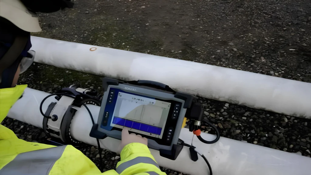 Technician reviewing ultrasonic guided wave inspection data on a pipeline using a Sonyks screening system in an oil and gas facility.