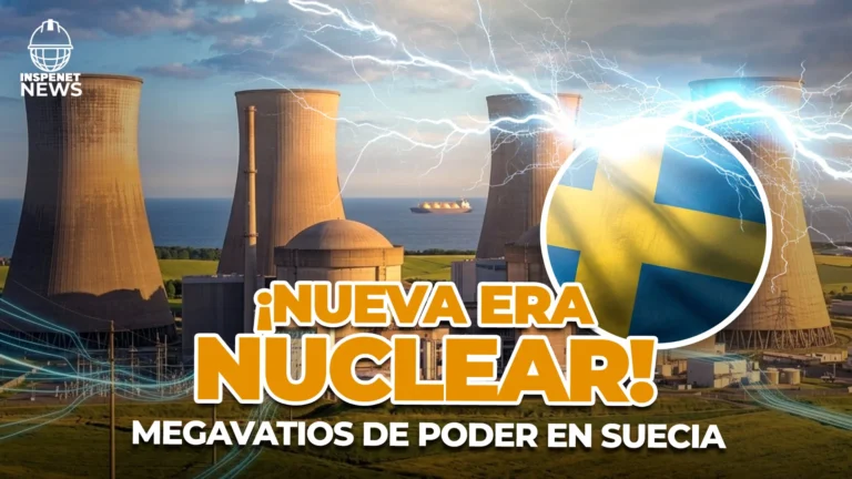 Ilustración de una central nuclear con torres de refrigeración y la bandera de Suecia, representando la expansión de la energía nuclear en el país.