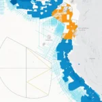 Mapa del MegaSurvey marino de TGS en Guinea Ecuatorial que muestra la cobertura de datos sísmicos 2D y 3D utilizados para evaluar el potencial exploratorio offshore.