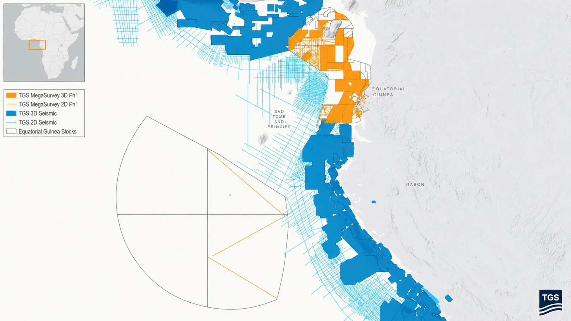 Mapa del MegaSurvey marino de TGS en Guinea Ecuatorial que muestra la cobertura de datos sísmicos 2D y 3D utilizados para evaluar el potencial exploratorio offshore.