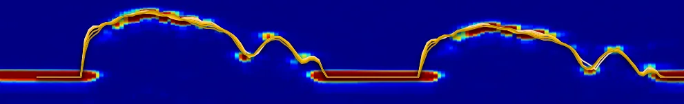 L-scan side-view thickness profile showing stepped transitions and limited curved-surface fidelity.