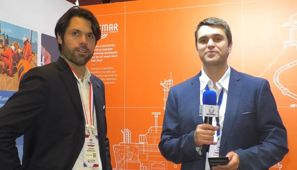 Tanguy Dennielou, es entrevistado por Richard Blaser de Inspenet durante el evento SLOM 2025, en donde destaca la eficiencia operativa de buques multi-cat.