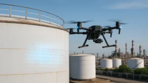 Drone inspecting an aboveground storage tank as part of industrial tank inspections