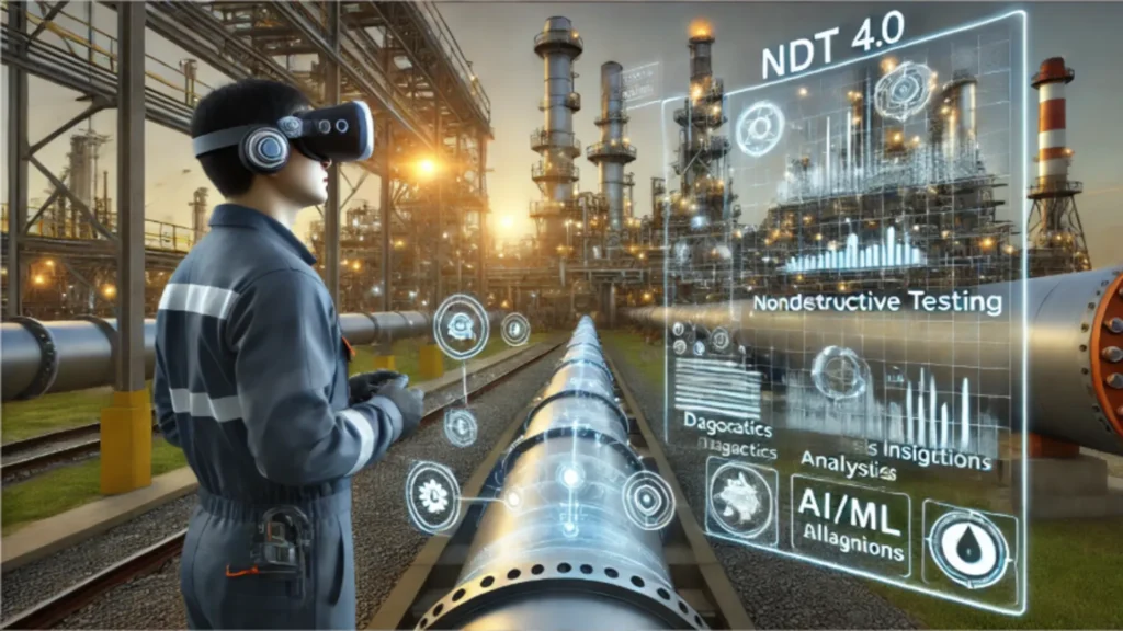 Industrial technician with augmented reality viewer inspecting a plant using NDT 4.0 advanced digital data visualization.