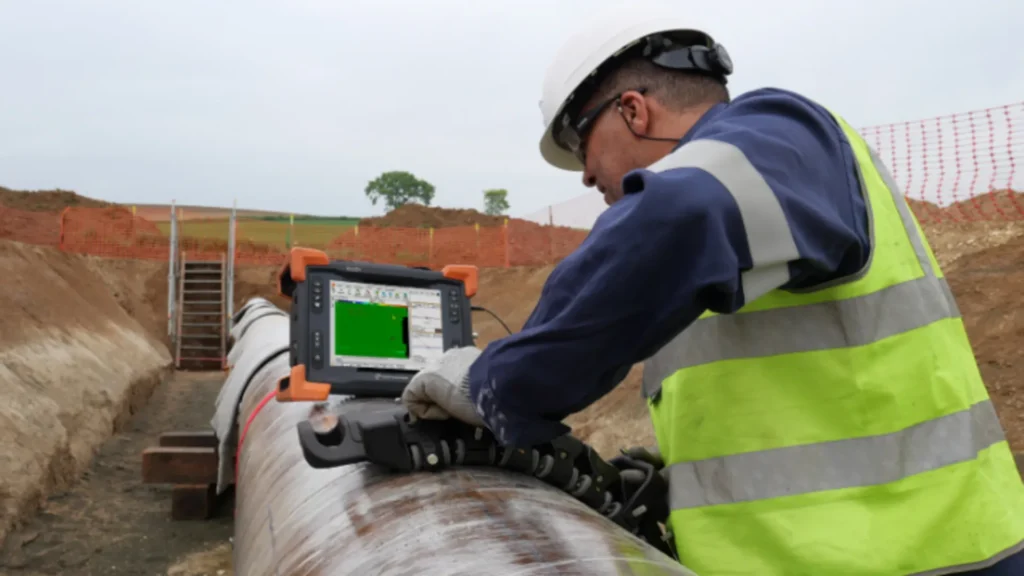 Technician performing ClSCC inspection with Eddy Array current on exposed pipe, using advanced equipment from Eddyfi Technologies.