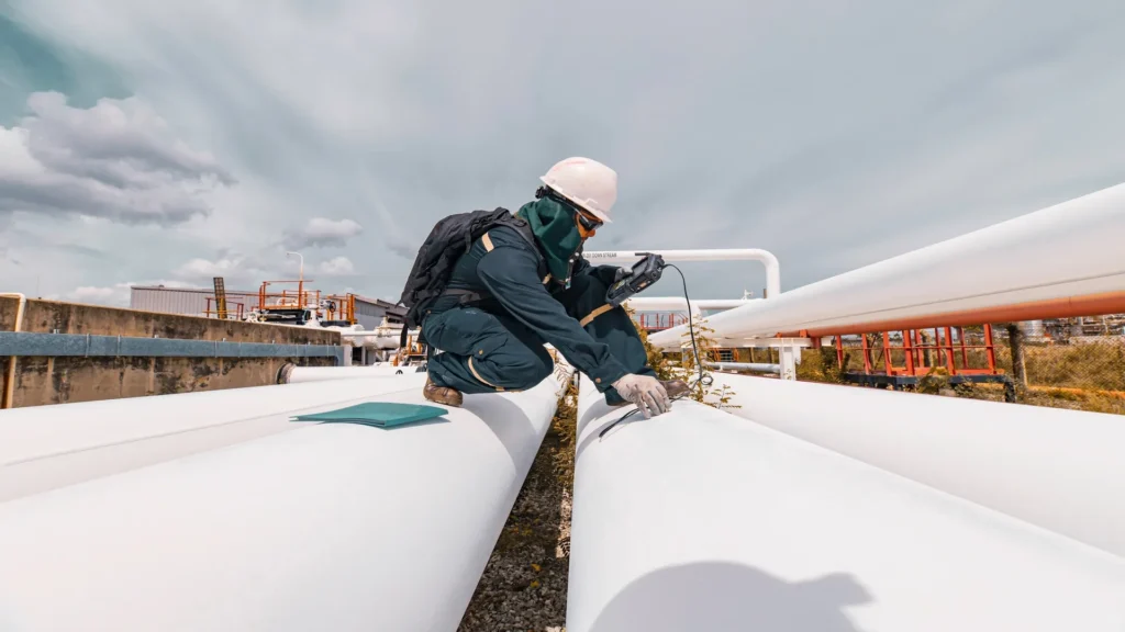 Técnico de inspección industrial con EPP realiza medición sobre una tubería blanca expuesta, utilizando un equipo portátil de Ensayo No Destructivo en una planta energética.