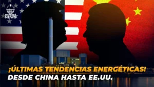 Ilustración de las tensiones y tendencias energéticas entre China y Estados Unidos con siluetas enfrentadas sobre fondo de banderas y una planta industrial.