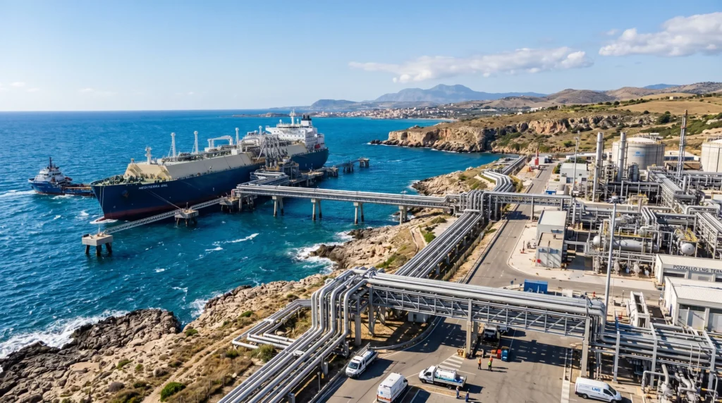 Terminal Alexandroupolis LNG con buque metanero y unidad FSRU fortaleciendo el suministro energético de Europa central y oriental.