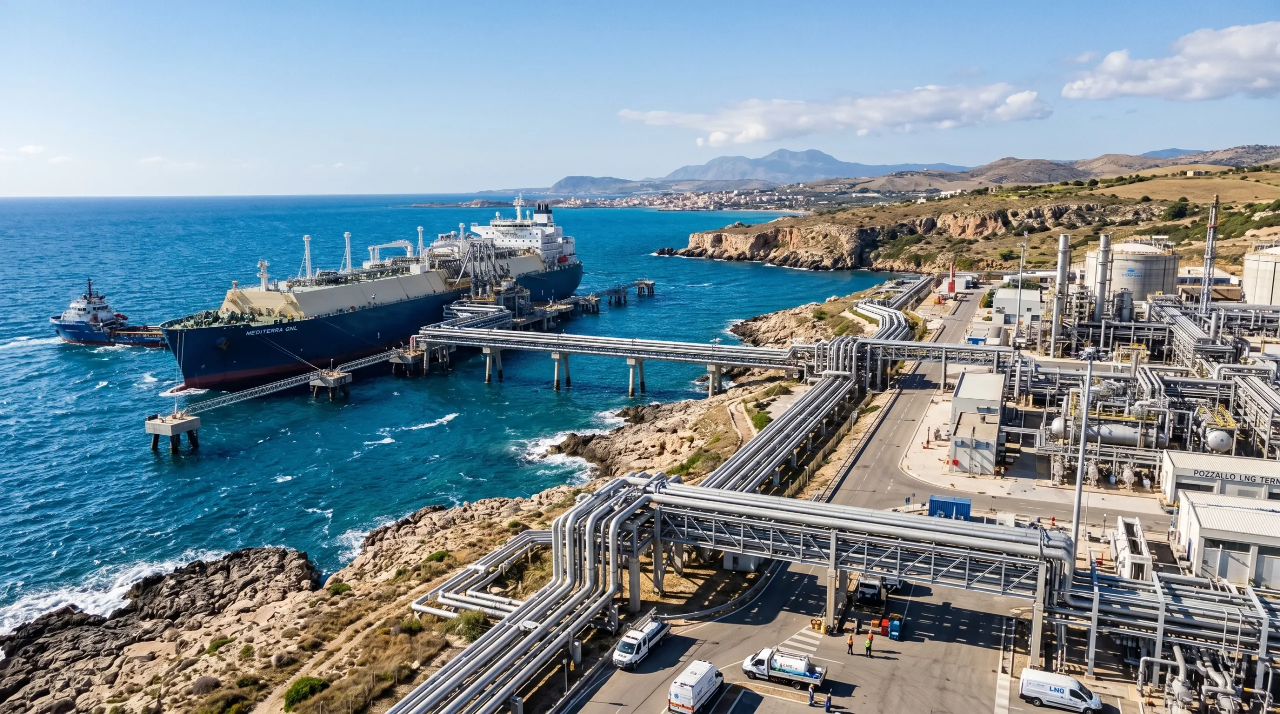 Terminal Alexandroupolis LNG con buque metanero y unidad FSRU fortaleciendo el suministro energético de Europa central y oriental.