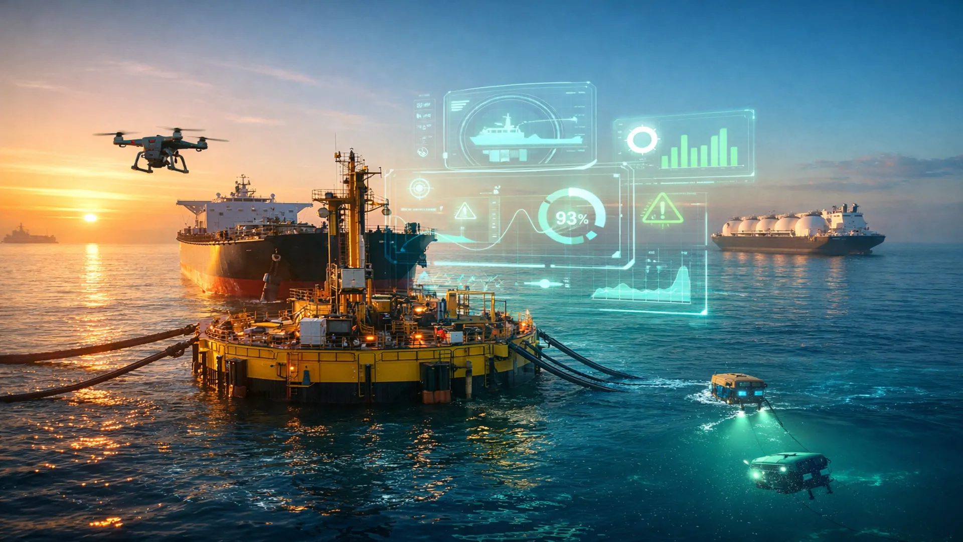 Terminal offshore con monoboya y buque tanque, monitoreo digital y drones en operación, en línea con la visión de seguridad y eficiencia de SLOM.