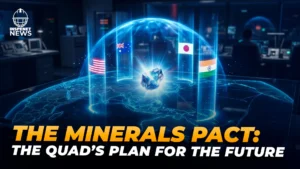 A depiction of the Quad and its strategy to secure critical minerals through supply chains, mineral processing, and international cooperation.