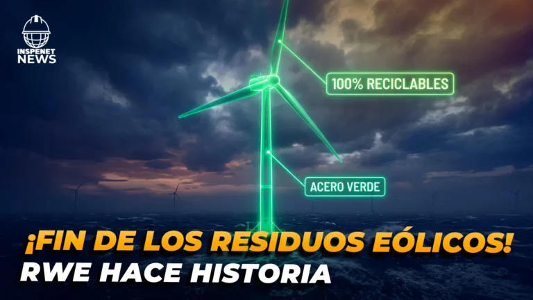 Ilustración de un aerogenerador marino sobre un mar agitado y cielo oscuro, con rótulos que destacan “100% reciclables” y “acero verde”, junto al mensaje “¡Fin de los residuos eólicos! RWE hace historia”.