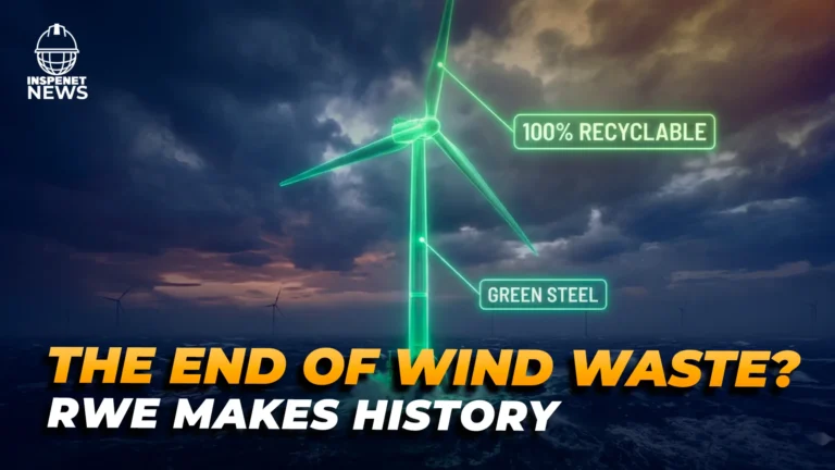 Illustration of an offshore wind turbine against a choppy sea and dark sky, with labels highlighting “100% recyclable” and “green steel”, alongside the message “End wind waste! RWE makes history.”