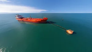 Oil tanker connected to a marine monobuoy system for offshore loading and unloading operations