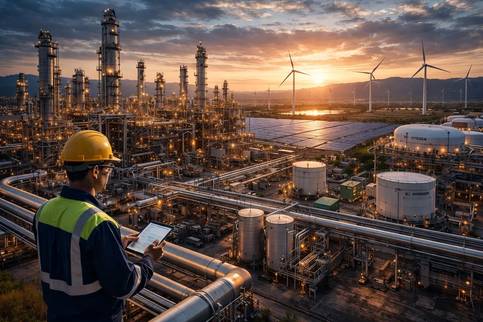 Una planta industrial de Oil & Gas integrada con energía solar, turbinas eólicas e infraestructura de hidrógeno como parte de la transición energética y la descarbonización operativa.