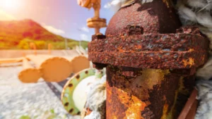 Tubería industrial con corrosión bajo aislamiento mostrando óxido severo y deterioro del metal en una instalación al aire libre.