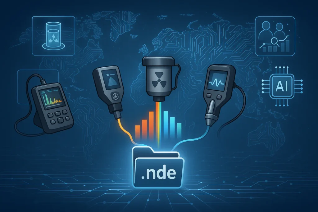 Ilustración de dispositivos NDT conectados digitalmente a una carpeta de archivo con extensión .nde, rodeada de iconos tecnológicos como inteligencia artificial, colaboración y procesamiento de datos.
