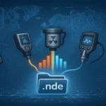 Ilustración de dispositivos NDT conectados digitalmente a una carpeta de archivo con extensión .nde, rodeada de iconos tecnológicos como inteligencia artificial, colaboración y procesamiento de datos.