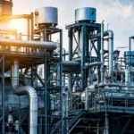 Planta industrial con tuberías de acero vinculadas al proyecto offshore Atapu 2 en Brasil.