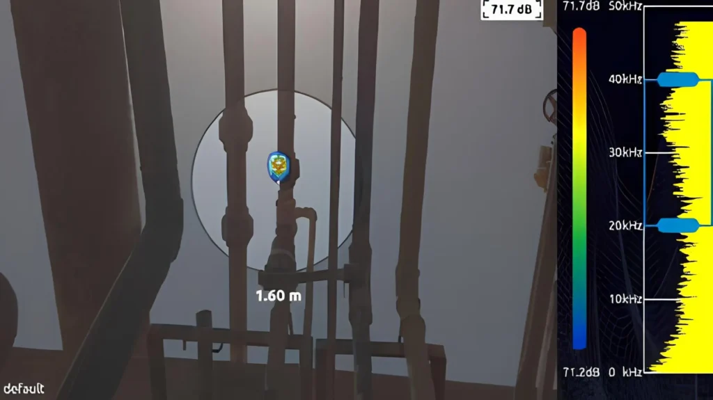 Inspection of an elevated pipe where an acoustic sensor shows a possible leak indicated by a colored dot within the analysis circle.