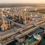 Vista aérea de la refinería Dangote y su infraestructura de exportación de combustibles en Nigeria