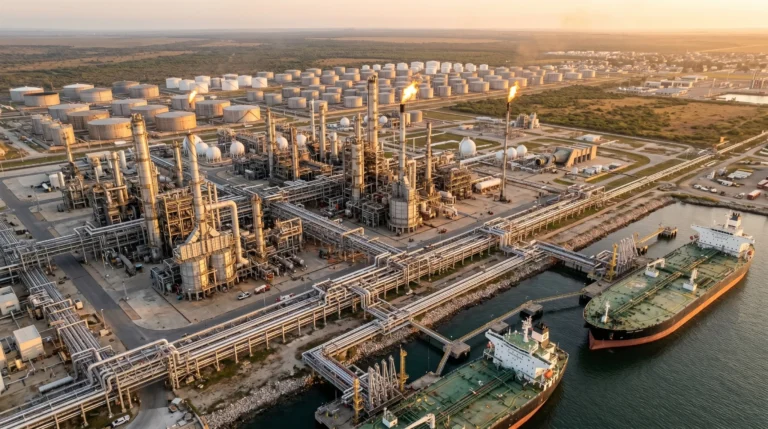 Vista aérea de la refinería Dangote y su infraestructura de exportación de combustibles en Nigeria