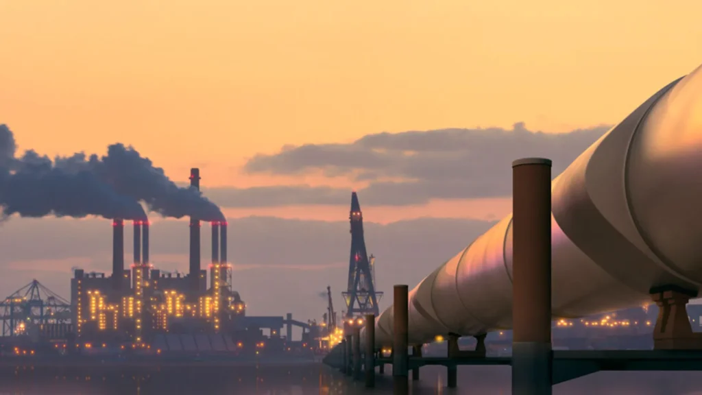 Vista de una planta industrial al atardecer con columnas de humo y una línea de tubería de gran diámetro que se extiende hacia el horizonte, representando infraestructura crítica en la industria de hidrocarburos.