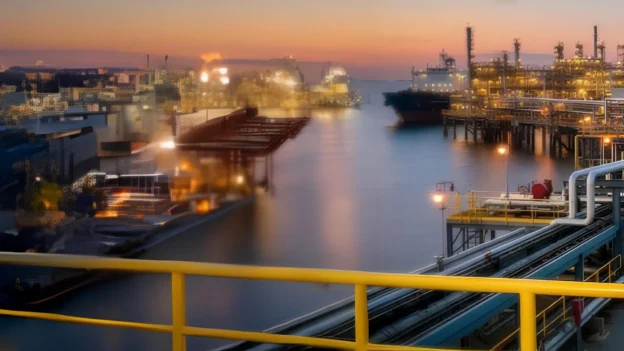 Vista de una terminal offshore CALM Buoy SPM al atardecer, con estructuras industriales iluminadas sobre el mar y tuberías en primer plano, representando la importancia del factor humano en la gestión y operación segura de estas instalaciones.