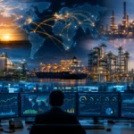 Volatilidad energética representada en un centro de control estratégico donde especialistas analizan mercados, precios y operaciones para fortalecer la resiliencia de las petroleras integradas.
