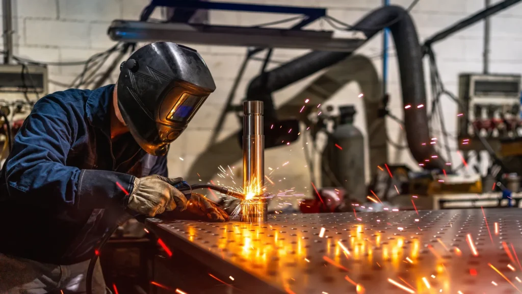 Welder performing a joint on a metal surface, wearing protective gear, with sparks flying—preparation stage before applying cadmium coating for corrosion protection.