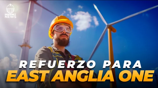 Técnico industrial frente a aerogeneradores en East Anglia ONE, con mensaje "Refuerzo para East Anglia ONE".