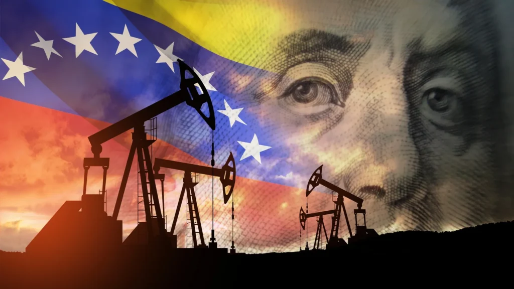 Bombas de extracción y bandera de Venezuela con billete, petróleo de Venezuela y economía.