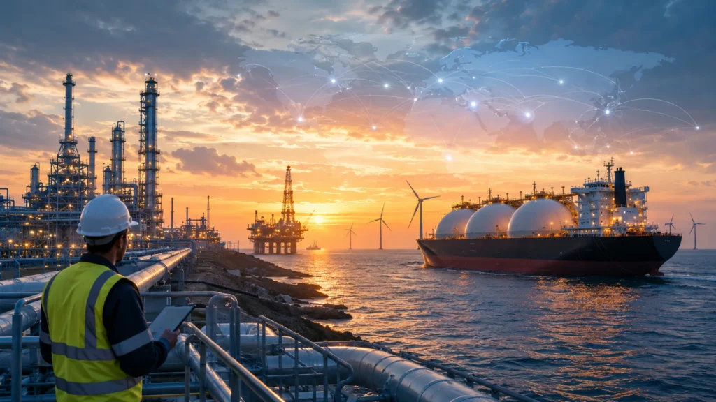 Energy and maritime infrastructure with refinery, ship and offshore facilities representing the risk analysis in industrial assets.