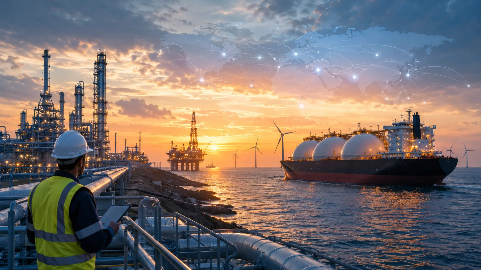 Energy and maritime infrastructure with refinery, ship and offshore facilities representing the risk analysis in industrial assets.