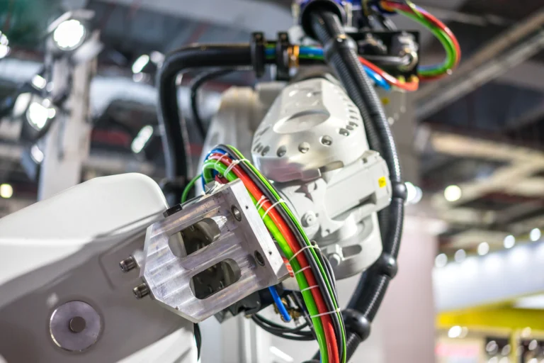 Un brazo de Robotic automation realiza tareas de manipulación de cables, una de las aplicaciones evaluadas en el Industrial Dexterity Benchmark para mejorar la precisión mediante inteligencia artificial.