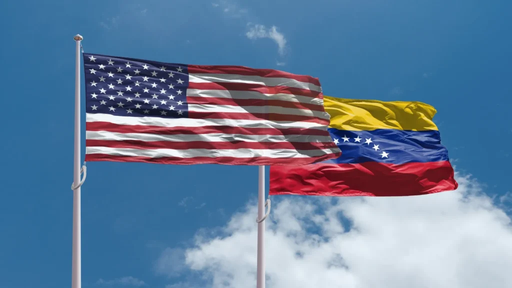 Banderas de Estados Unidos y Venezuela ondeando