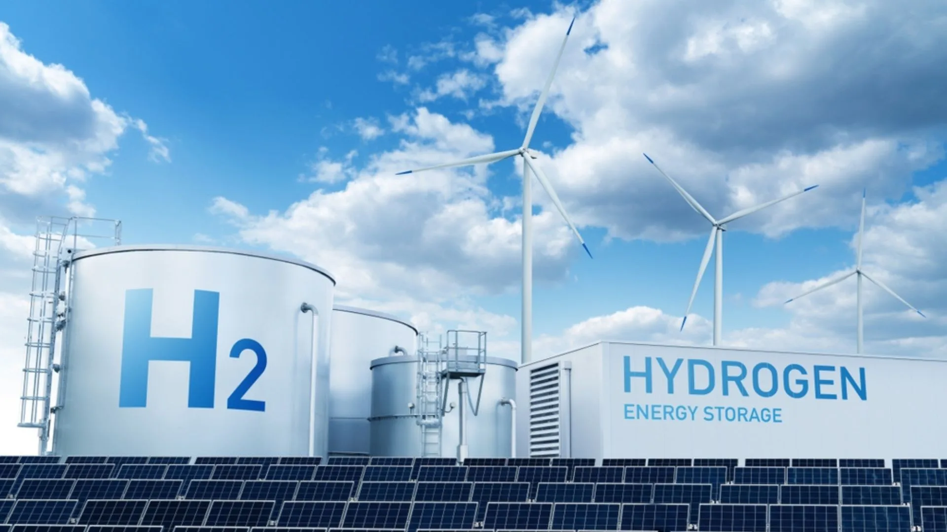 Planta de hidrógeno limpio con tanques de almacenamiento, paneles solares y aerogeneradores para producción de energía renovable.