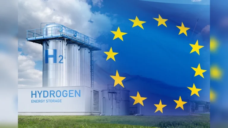 Planta de almacenamiento de RFNBO hydrogen junto a la bandera de la Unión Europea.