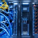 Data center con servidores y cableado de red para infraestructura digital.