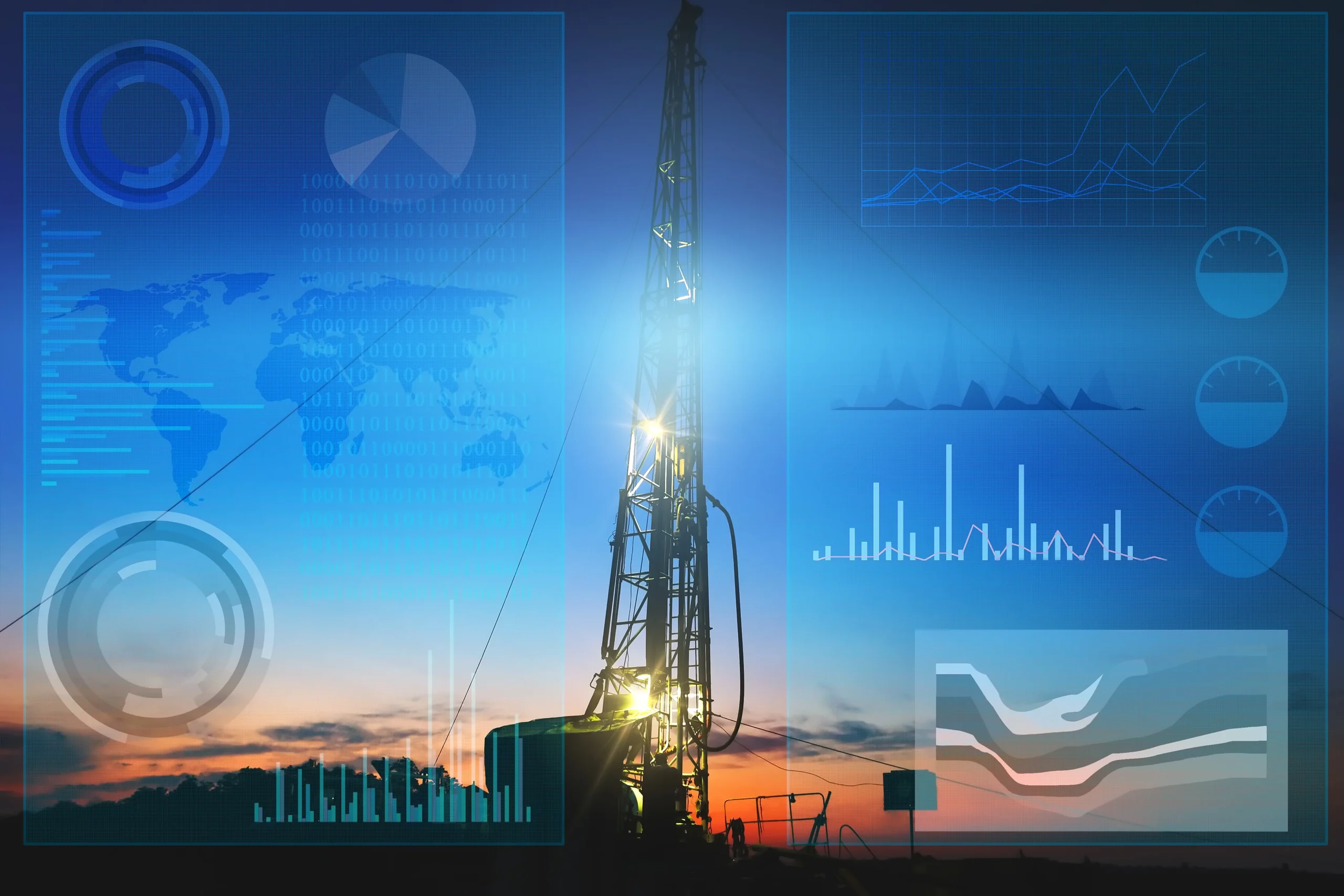 Torre de perforación con gráficos digitales de AI engineering para analizar datos de pozos.