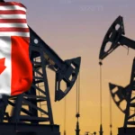 Oil industries de Canadá y Estados Unidos representadas por bombas extractoras y las banderas de ambos países.