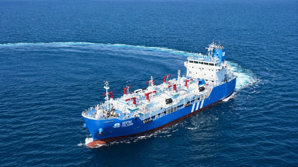 Buque de Osaka Gas navega para operaciones de bunkering de GNL en el suministro marítimo de gas natural licuado.