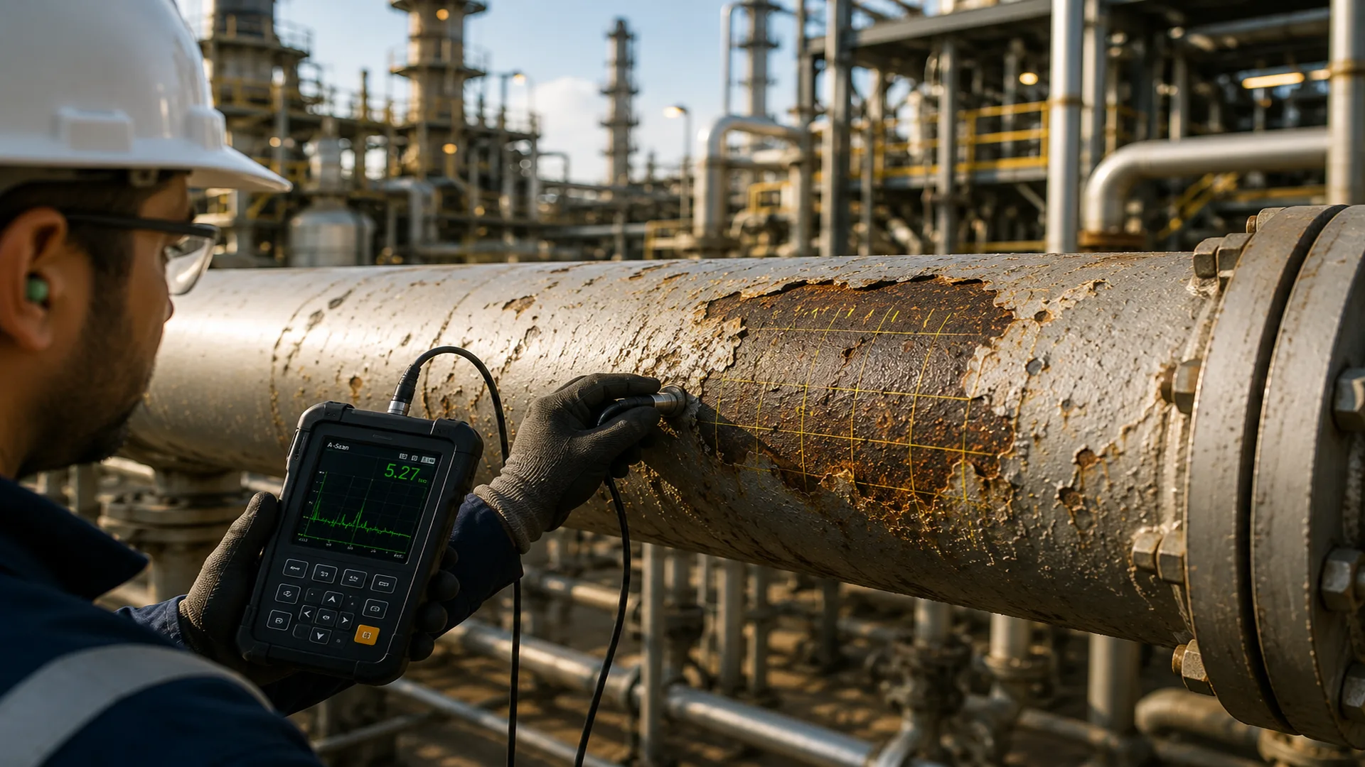 Inspector performs corrosion defect assessment on an industrial pipe by measuring thickness to verify pipeline integrity.
