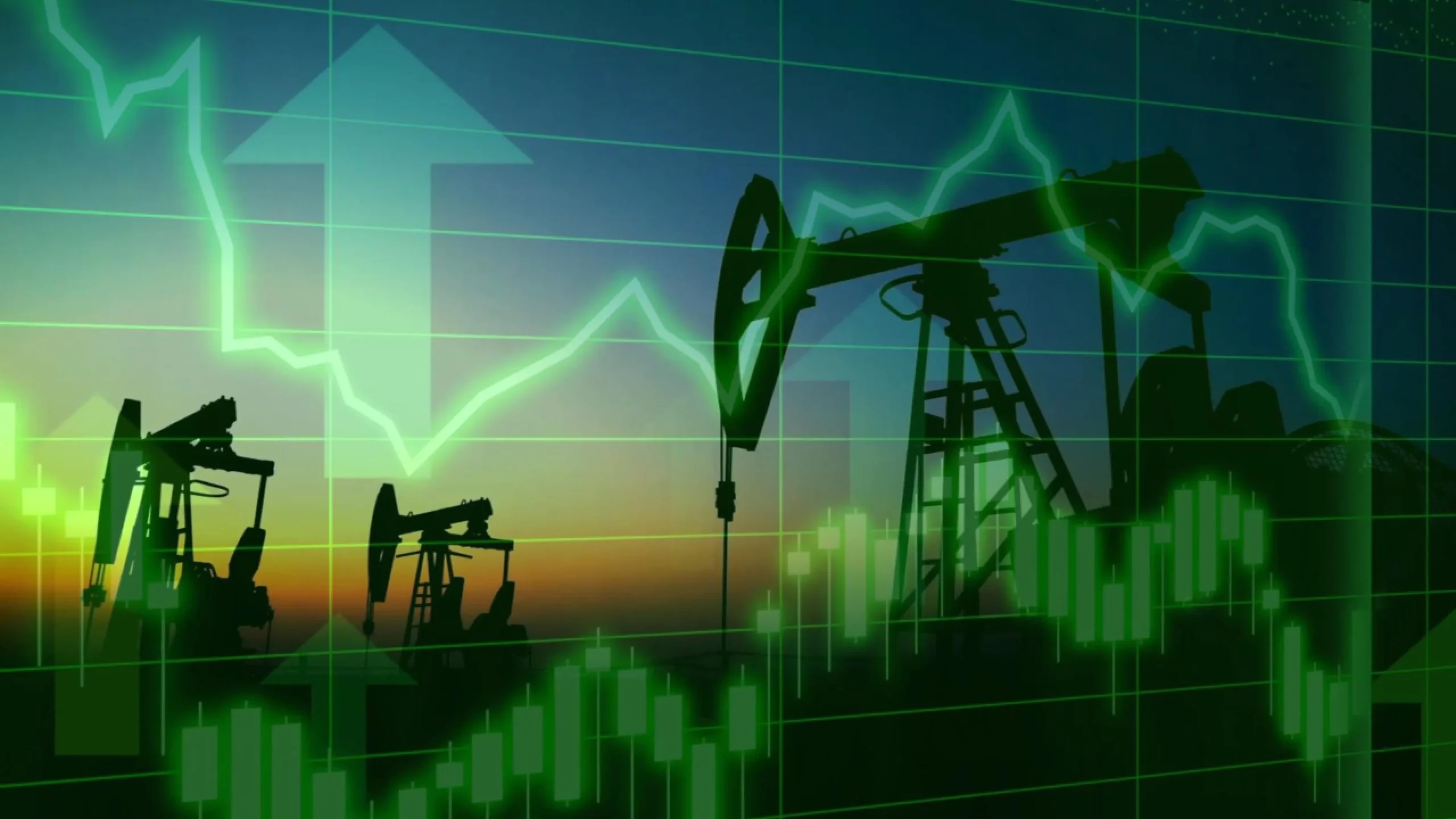 Gráficos de mercado y bombas extractoras ilustran la estabilidad de oil prices tras los avances en las conversaciones entre Estados Unidos e Irán.