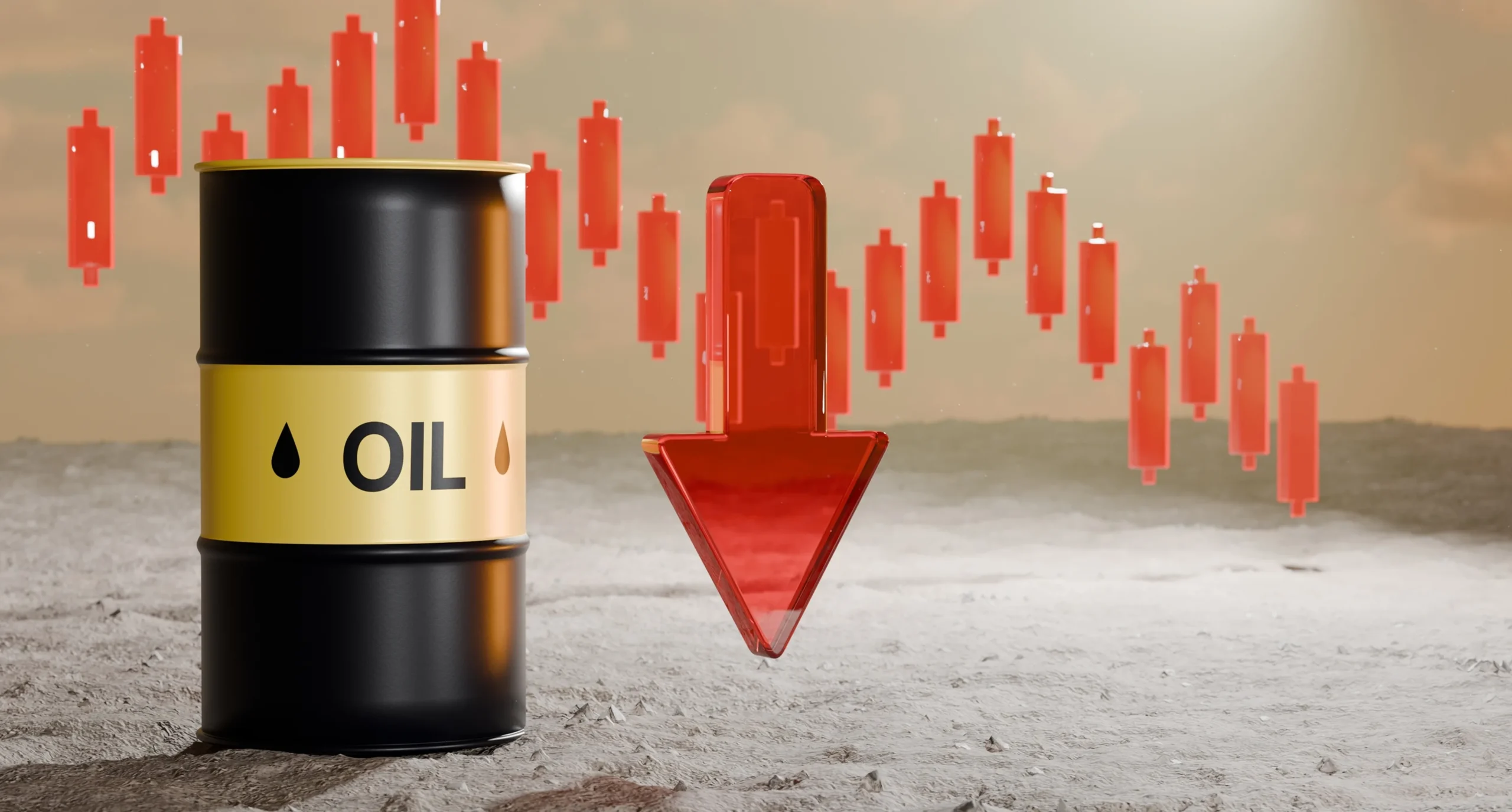 Barril de petróleo con flecha roja descendente y gráfico de velas bajistas