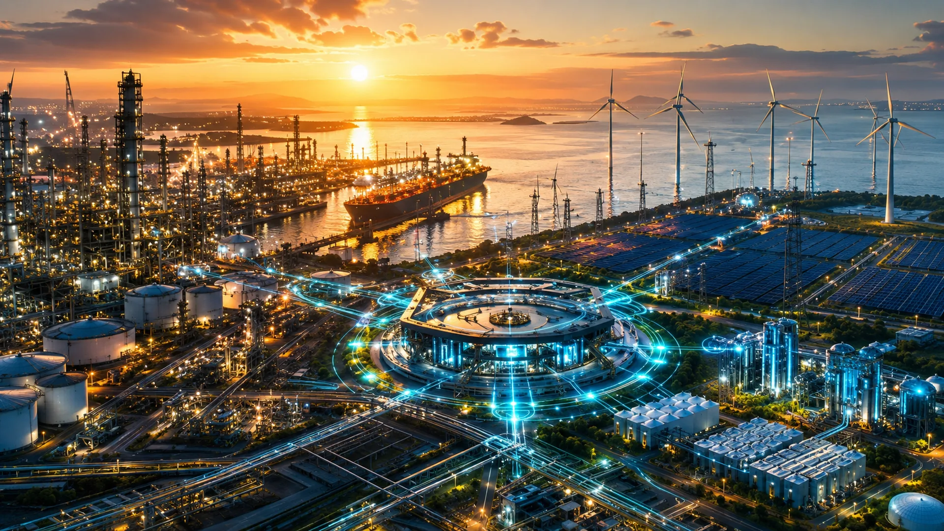Integrated energy architecture with Oil & Gas infrastructure, renewable energies, electrical networks and industrial digitalization.