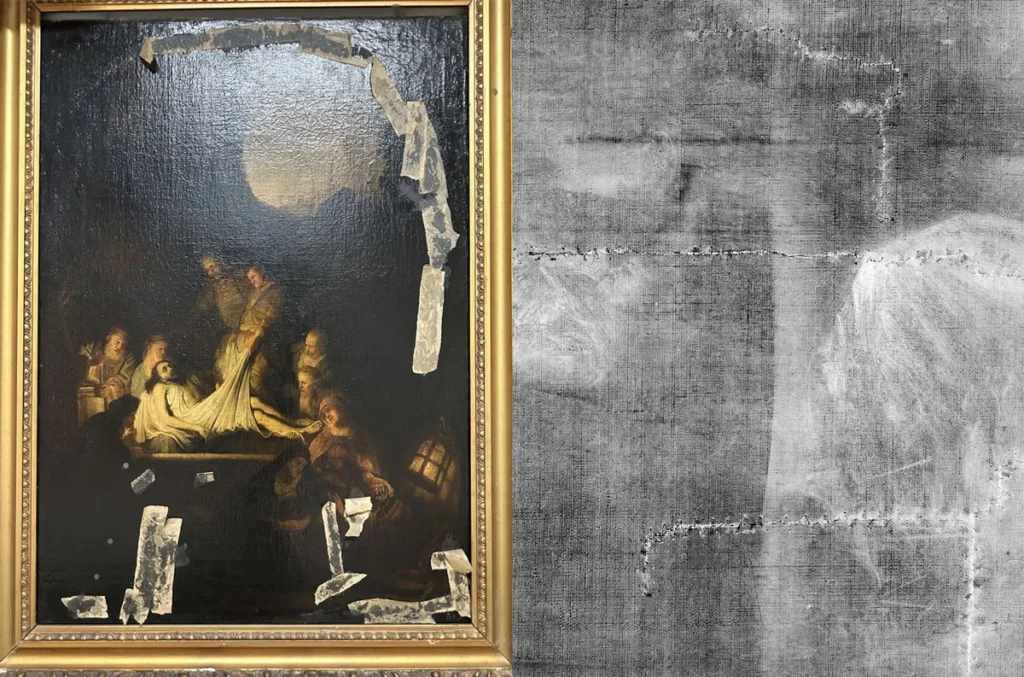 Computer X-ray of Rembrandt: The Burial of Christ (copy), with invisible tears.